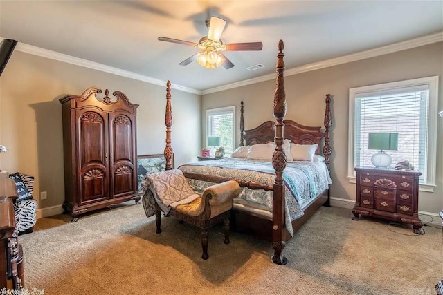 6550 Westminster, Benton, AR 72019 - bedroom featuring light colored carpet, a ceiling fan, ornamental molding, visible vents, and baseboards