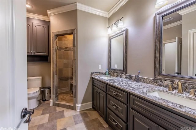 6550 Westminster, Benton, AR 72019 - bathroom with baseboards, ornamental molding, a stall shower, toilet, and a sink