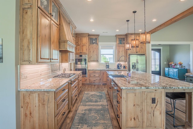 234 Barrett Ln, Cabot, AR 72023 - kitchen with glass insert cabinets, backsplash, dark wood-type flooring, a breakfast bar area, and appliances with stainless steel finishes