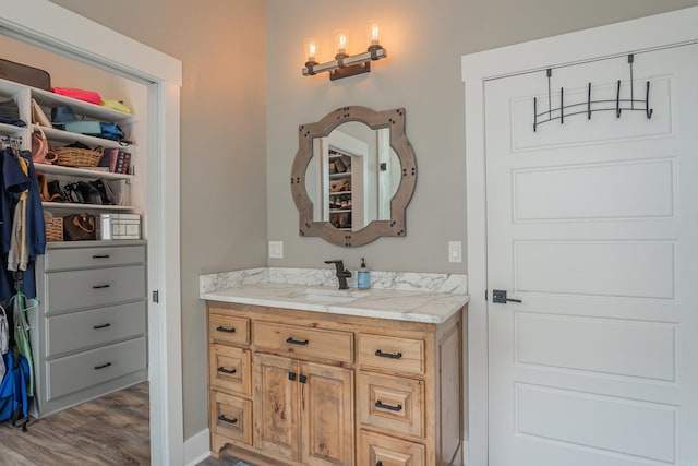 234 Barrett Ln, Cabot, AR 72023 - bathroom with a walk in closet, vanity, and wood finished floors