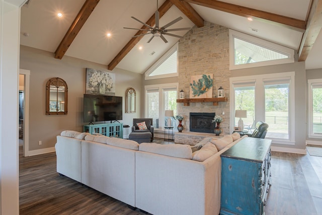 234 Barrett Ln, Cabot, AR 72023 - living area featuring high vaulted ceiling, a fireplace, dark wood-style flooring, and baseboards