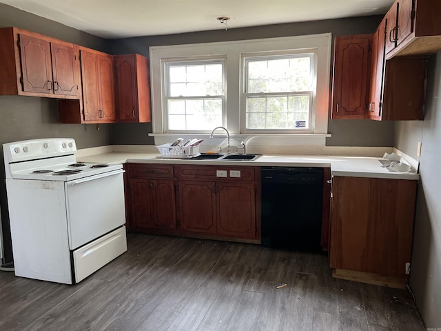 8209 Dollarway Rd, White Hall, AR 71602 - kitchen with light countertops, white electric range oven, dark wood finished floors, dishwasher, and a sink