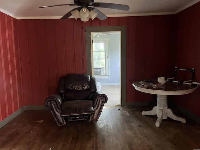 8209 Dollarway Rd, White Hall, AR 71602 - sitting room featuring ceiling fan, cooling unit, ornamental molding, wood finished floors, and baseboards
