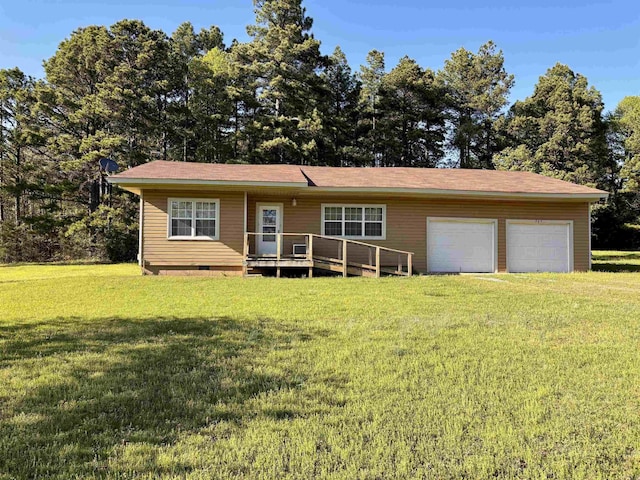 view of front facade with a deck, a front lawn, an attached garage, and crawl space