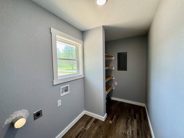 washroom featuring hookup for an electric dryer, dark wood-style flooring, baseboards, washer hookup, and laundry area