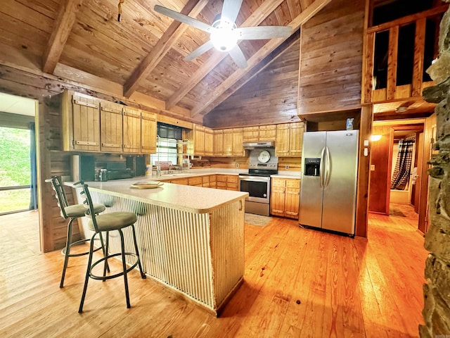 kitchen featuring a peninsula, a healthy amount of sunlight, under cabinet range hood, high vaulted ceiling, and appliances with stainless steel finishes