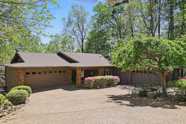 6 Narvaez Way, Hot Springs Village, AR 71909 - ranch-style home with an attached garage, roof with shingles, stone siding, and concrete driveway