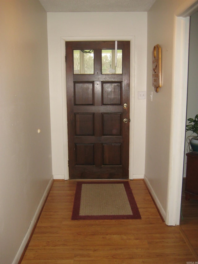 foyer entrance with baseboards and wood finished floors