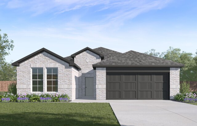view of front of house with driveway, stone siding, an attached garage, fence, and a front yard