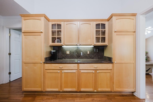 kitchen featuring glass insert cabinets, dark wood-style flooring, dark stone counters, and tasteful backsplash