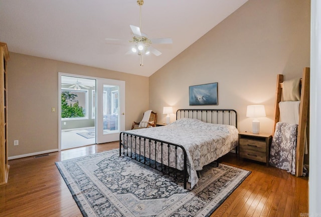 bedroom with ceiling fan, baseboards, access to outside, and hardwood / wood-style floors