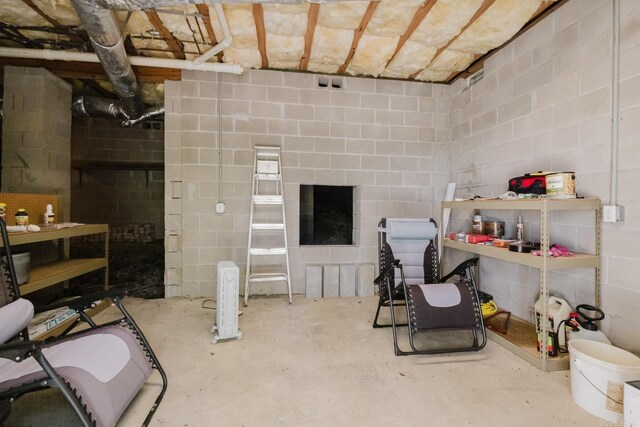 unfinished basement with concrete block wall