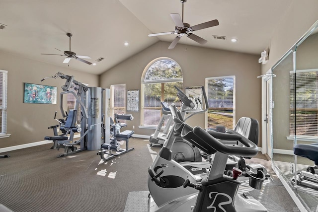 workout area with ceiling fan, baseboards, lofted ceiling, and visible vents