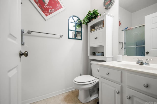 bathroom with a shower with shower door, toilet, baseboards, tile patterned flooring, and vanity