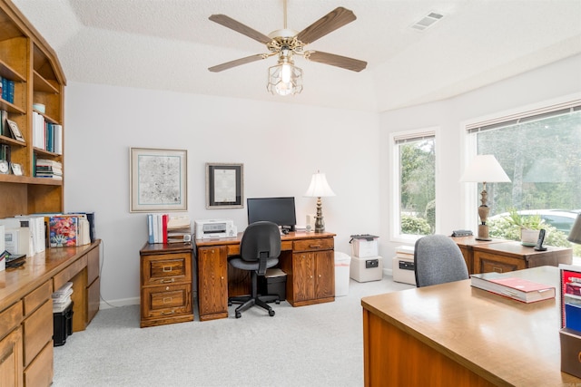 18 Fastota Ln, Hot Springs Village, AR 71909 - office area featuring ceiling fan, light carpet, vaulted ceiling, and visible vents