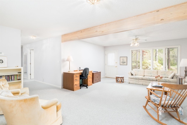 18 Fastota Ln, Hot Springs Village, AR 71909 - living room featuring ceiling fan, baseboards, beam ceiling, and carpet