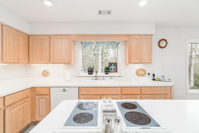 18 Fastota Ln, Hot Springs Village, AR 71909 - kitchen featuring light brown cabinets, white dishwasher, a sink, and visible vents