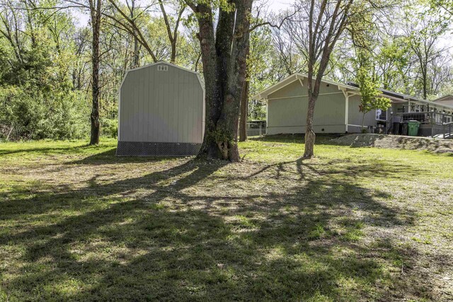 view of yard with an outdoor structure and a shed