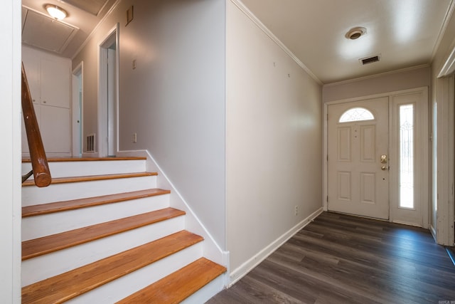 309 Del Rio Dr, Little Rock, AR 72205 - foyer entrance with stairway, wood finished floors, visible vents, ornamental molding, and baseboards