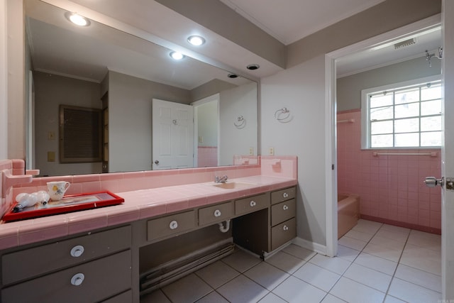 309 Del Rio Dr, Little Rock, AR 72205 - bathroom with vanity, crown molding, tile patterned flooring, and visible vents