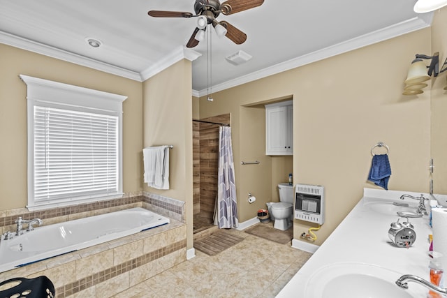 bathroom featuring tile patterned floors, heating unit, visible vents, a sink, and ceiling fan