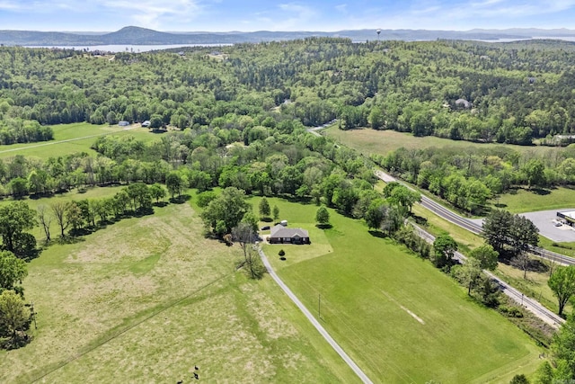 birds eye view of property with a rural view, a wooded view, and a mountain view