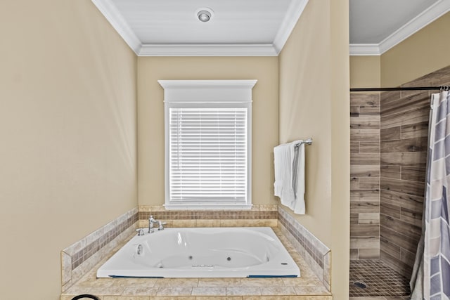 full bath with a shower stall, a jetted tub, and crown molding