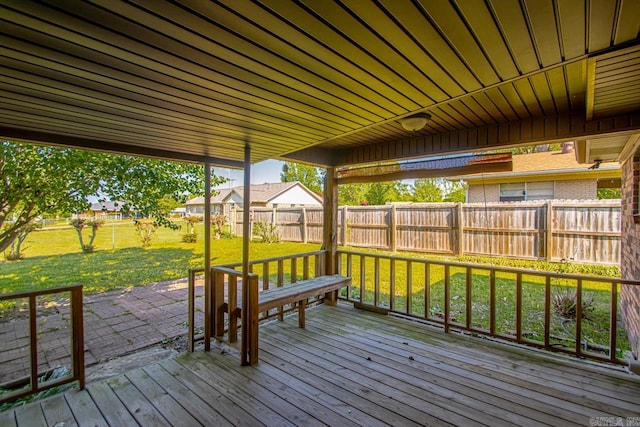 wooden terrace with a yard and a fenced backyard