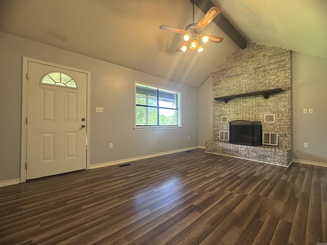 unfurnished living room with visible vents, a ceiling fan, dark wood-style floors, and lofted ceiling with beams