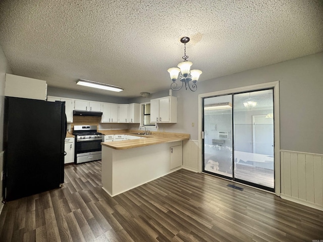 kitchen featuring a sink, stainless steel range with gas stovetop, a peninsula, under cabinet range hood, and freestanding refrigerator