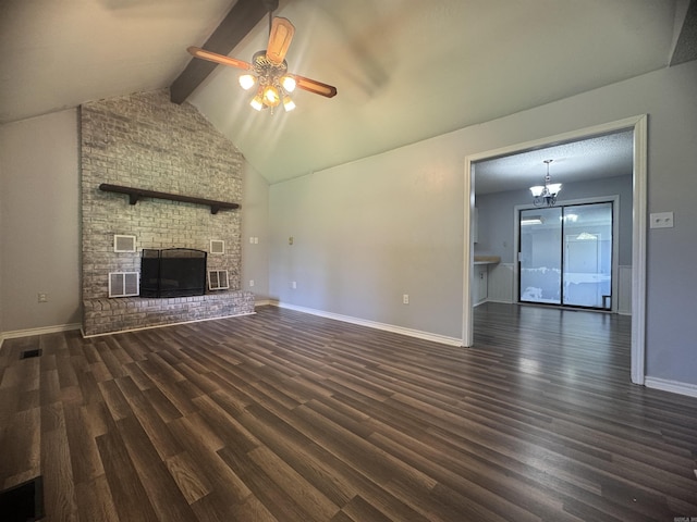 unfurnished living room featuring dark wood-type flooring, a fireplace, visible vents, and ceiling fan with notable chandelier