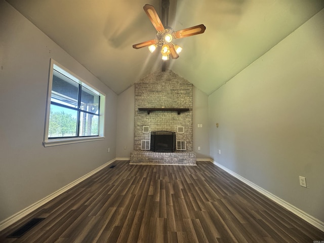 unfurnished living room featuring wood finished floors, ceiling fan, baseboards, lofted ceiling, and visible vents