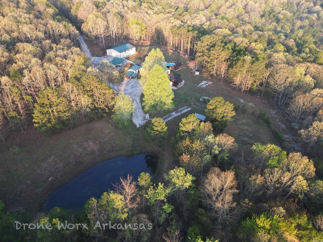 drone / aerial view with a view of trees and a water view