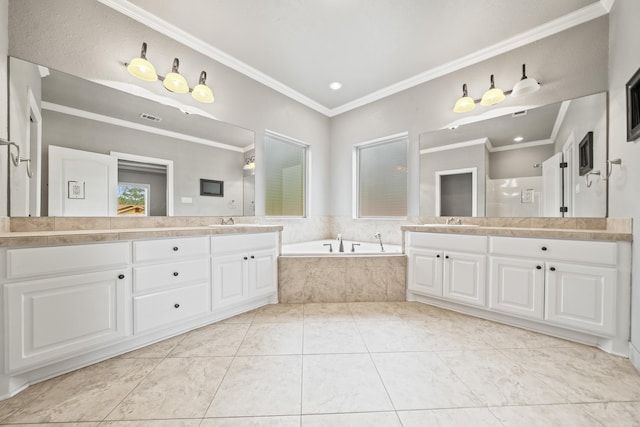 bathroom featuring ornamental molding, a garden tub, walk in shower, and vanity