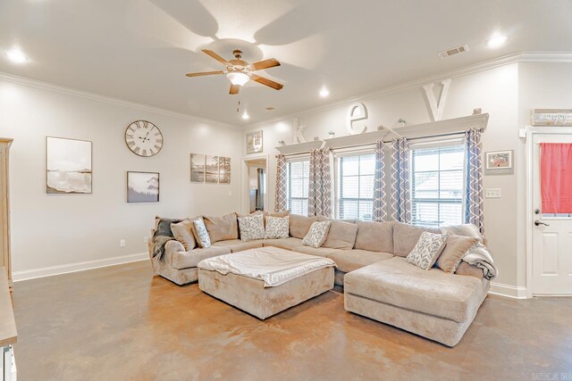 6037 Beaver Creek Ln, Jones Creek, AR 72404 - living room featuring visible vents, ornamental molding, baseboards, concrete floors, and ceiling fan