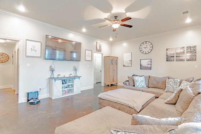 6037 Beaver Creek Ln, Jones Creek, AR 72404 - living room with visible vents, baseboards, a ceiling fan, concrete flooring, and crown molding