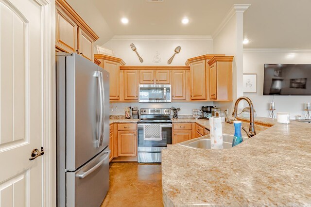 6037 Beaver Creek Ln, Jones Creek, AR 72404 - kitchen with a peninsula, ornamental molding, stainless steel appliances, and a sink