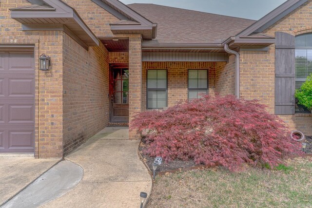 6037 Beaver Creek Ln, Jones Creek, AR 72404 - view of exterior entry with brick siding, roof with shingles, and a garage