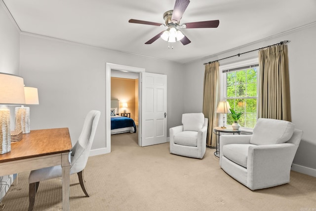 5715 Hawthorne Rd, Little Rock, AR 72207 - sitting room with carpet, a ceiling fan, baseboards, and ornamental molding