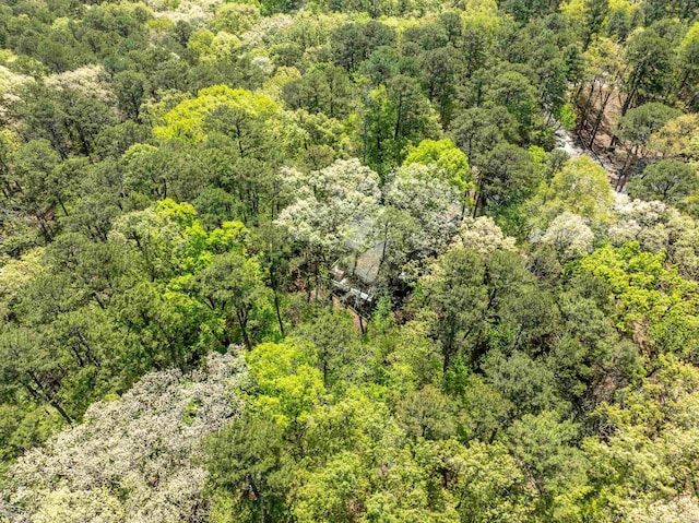 drone / aerial view with a wooded view
