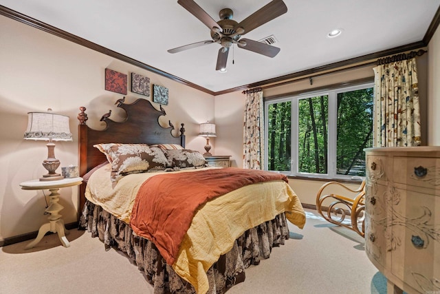 carpeted bedroom with baseboards, crown molding, visible vents, and recessed lighting