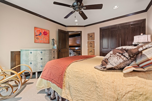 carpeted bedroom with recessed lighting, a ceiling fan, and ornamental molding