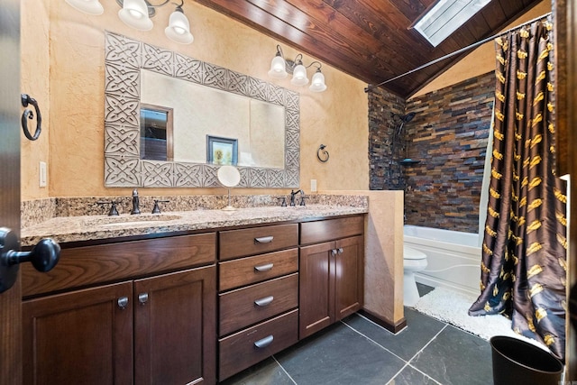 full bath featuring a textured wall, vaulted ceiling, wooden ceiling, and a sink