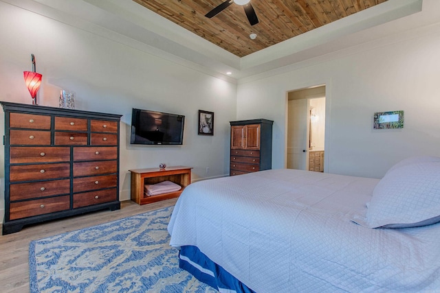 4941 Lake Vista Dr, Benton, AR 72019 - bedroom featuring recessed lighting, a tray ceiling, wooden ceiling, light wood-style flooring, and ensuite bathroom