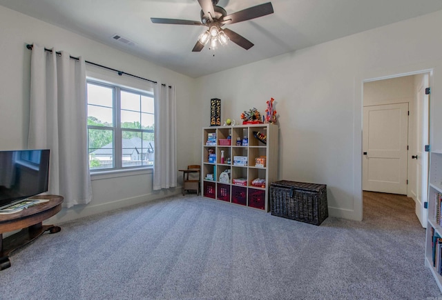 4941 Lake Vista Dr, Benton, AR 72019 - game room featuring carpet floors, visible vents, baseboards, and ceiling fan