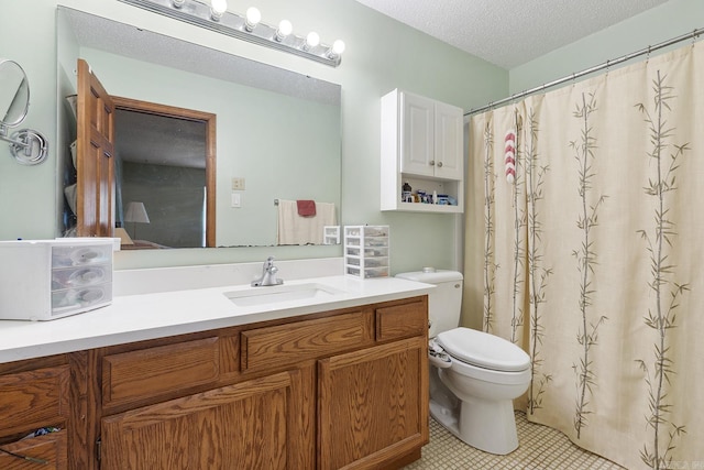 15 Falcon Dr, Sherwood, AR 72120 - full bathroom featuring tile patterned floors, a textured ceiling, vanity, toilet, and a shower with shower curtain