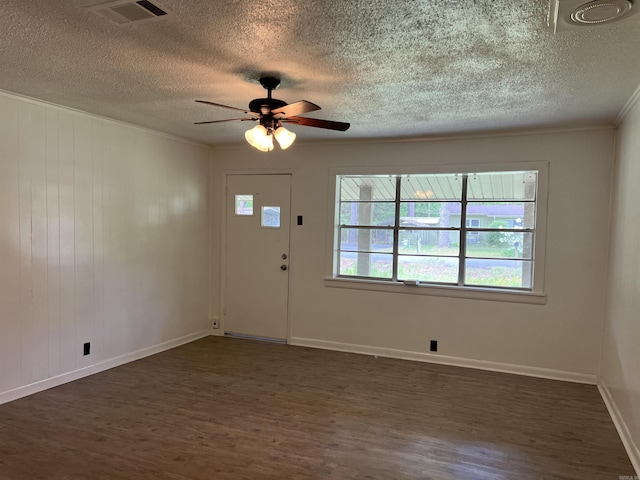 entrance foyer featuring a ceiling fan, a textured ceiling, baseboards, dark wood-style flooring, and visible vents