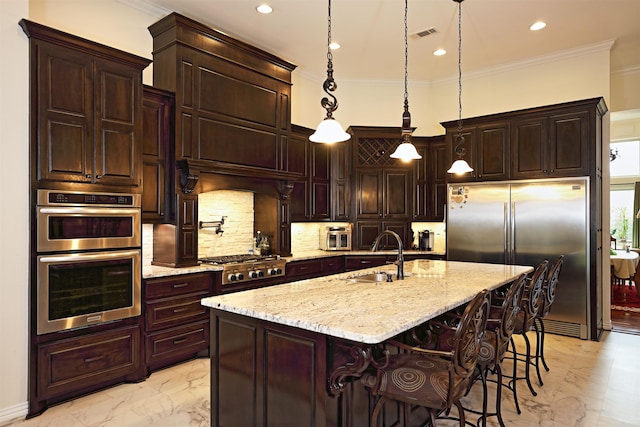 2780 Shoemaker Rd, Sheridan, AR 72150 - kitchen with marble finish floor, backsplash, ornamental molding, a sink, and appliances with stainless steel finishes