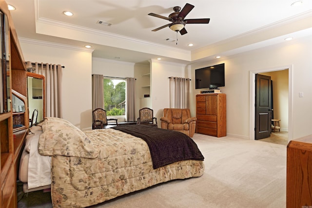 2780 Shoemaker Rd, Sheridan, AR 72150 - bedroom featuring a raised ceiling, visible vents, crown molding, and light colored carpet