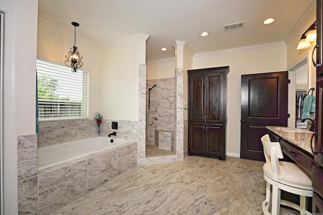 2780 Shoemaker Rd, Sheridan, AR 72150 - bathroom featuring a bath, visible vents, a chandelier, marble finish floor, and a shower stall